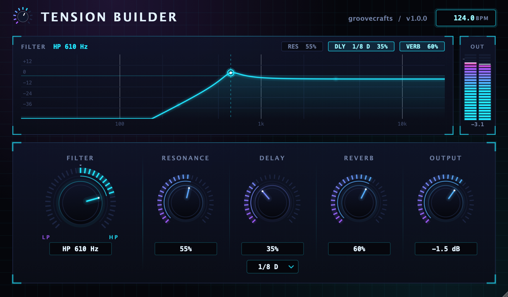 Tension Builder plugin window showing the filter response curve at a high-pass setting, an output meter, and knobs for Filter, Resonance, Delay with a 1/8 dotted time selector, Reverb and Output.